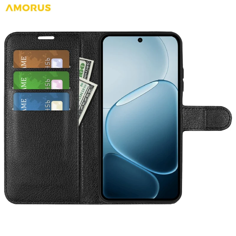 AMORUS For Oppo A6x 5G Wallet Case Litchi Texture Shockproof Leather Flip Stand Phone Cover - Black
