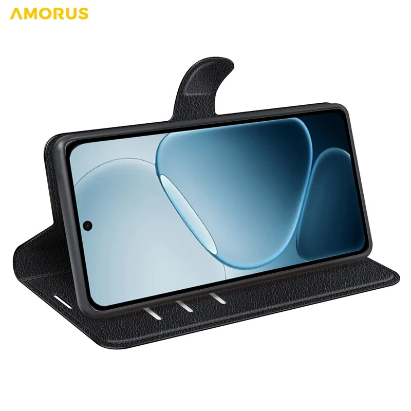 AMORUS For Oppo A6x 5G Wallet Case Litchi Texture Shockproof Leather Flip Stand Phone Cover - Black