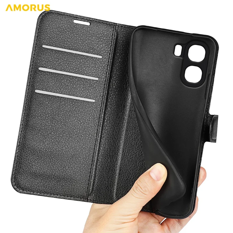 AMORUS For Oppo A6x 5G Wallet Case Litchi Texture Shockproof Leather Flip Stand Phone Cover - Black