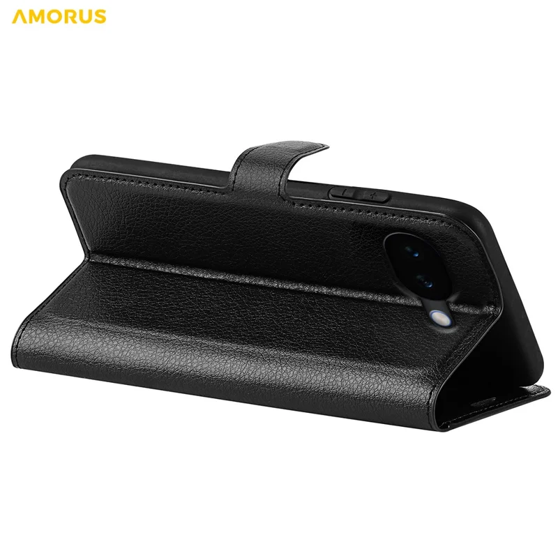 AMORUS For Google Pixel 10a Wallet Case Litchi Texture Shockproof Leather Flip Stand Phone Cover - Black
