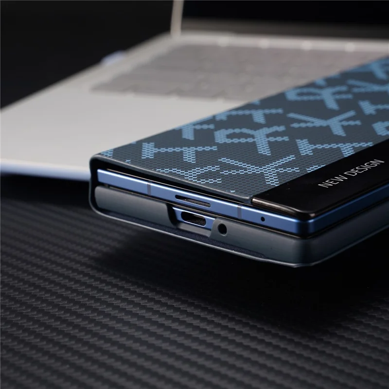 For Samsung Galaxy Z Fold4 5G Case Geometric Pixel Pattern Kickstand Foldable PC Phone Cover with Stylus - Blue