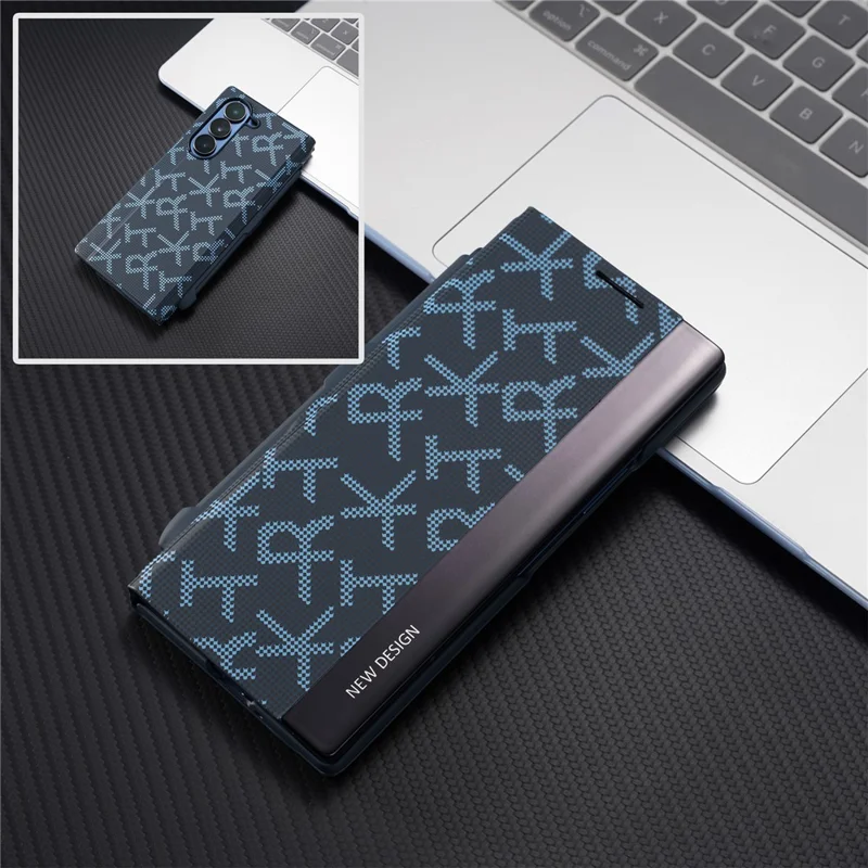 For Samsung Galaxy Z Fold5 5G Case Geometric Pixel Pattern Kickstand Foldable PC Phone Cover with Stylus - Blue