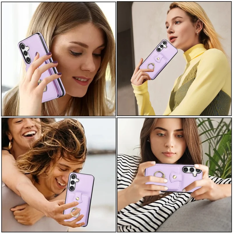 Étui pour Samsung Galaxy A57 5G avec porte-cartes, anneau, support pivotant, en TPU + cuir PU, housse de téléphone avec dragonne longue - Violet