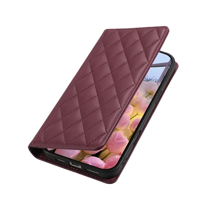 For Samsung Galaxy A57 5G Case RFID Blocking Wallet Stand Rhombus Leather Cover with Wrist Strap - Red