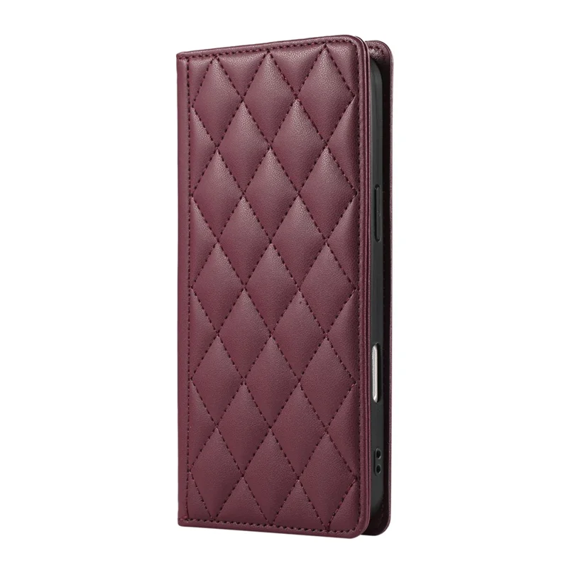 For Samsung Galaxy A57 5G Case RFID Blocking Wallet Stand Rhombus Leather Cover with Wrist Strap - Red