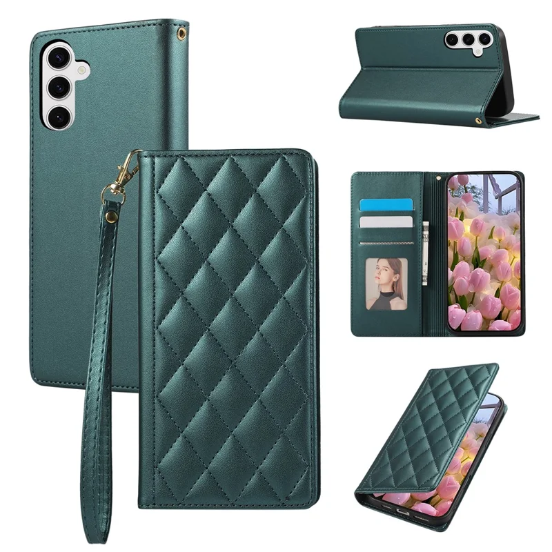 For Samsung Galaxy A37 5G Case RFID Blocking Wallet Stand Rhombus Leather Cover with Wrist Strap - Green