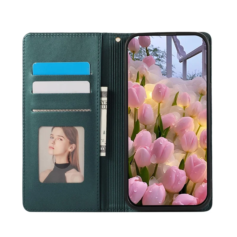 For Samsung Galaxy A37 5G Case RFID Blocking Wallet Stand Rhombus Leather Cover with Wrist Strap - Green