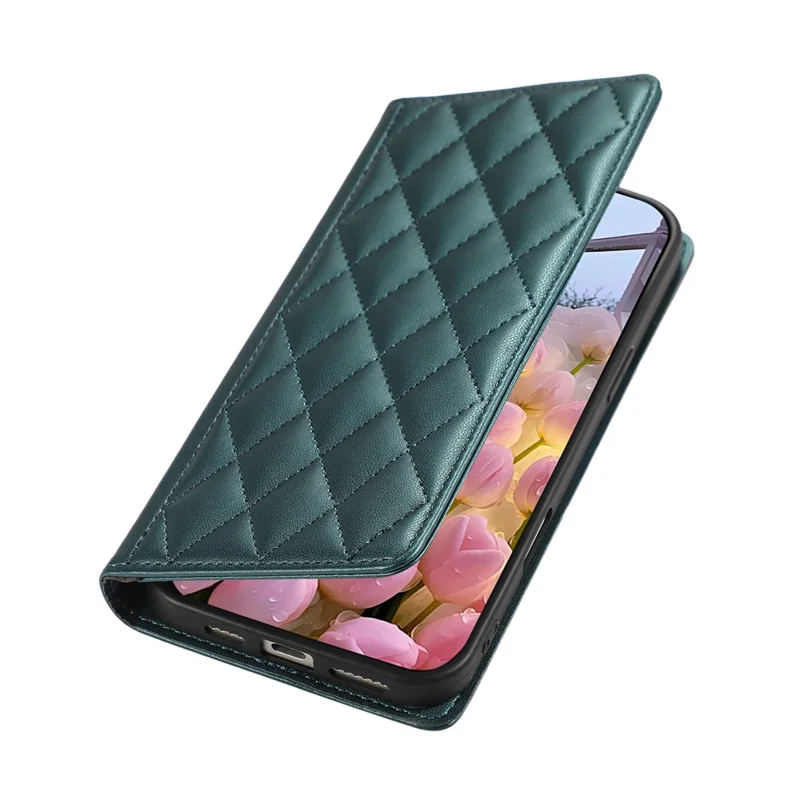 For Samsung Galaxy A37 5G Case RFID Blocking Wallet Stand Rhombus Leather Cover with Wrist Strap - Green