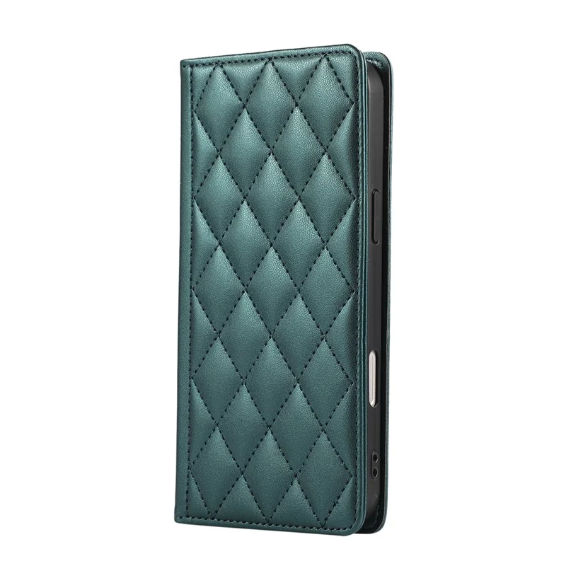 For Samsung Galaxy A37 5G Case RFID Blocking Wallet Stand Rhombus Leather Cover with Wrist Strap - Green