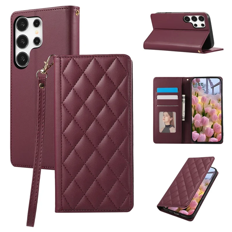 For Samsung Galaxy S26 Ultra Case RFID Blocking Wallet Stand Rhombus Leather Phone Cover with Wrist Strap - Red