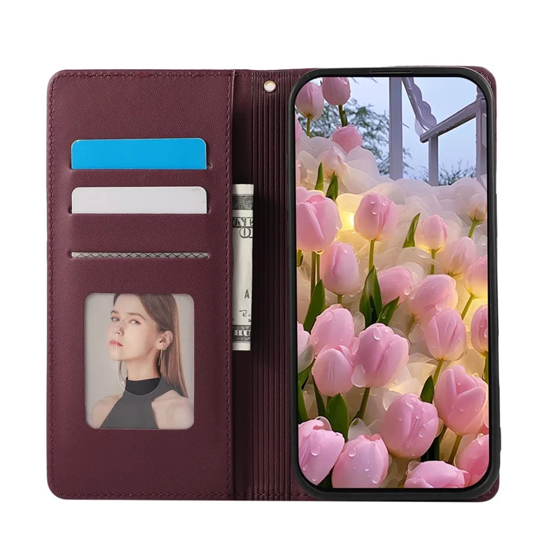 For Samsung Galaxy S26 Ultra Case RFID Blocking Wallet Stand Rhombus Leather Phone Cover with Wrist Strap - Red