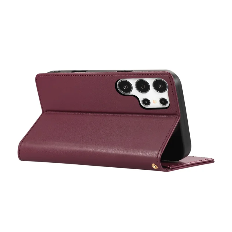 For Samsung Galaxy S26 Ultra Case RFID Blocking Wallet Stand Rhombus Leather Phone Cover with Wrist Strap - Red