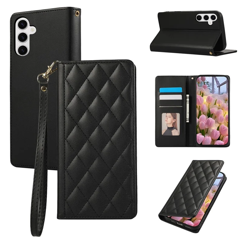 For Samsung Galaxy S26 Case RFID Blocking Wallet Stand Rhombus Leather Cover with Wrist Strap - Black