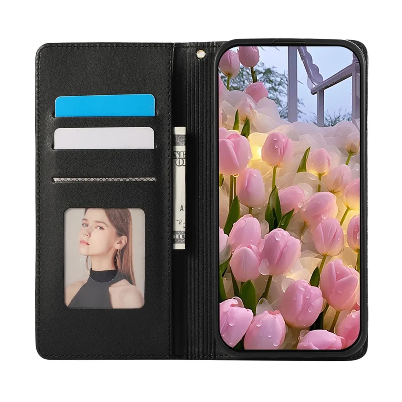 For Samsung Galaxy S26 Case RFID Blocking Wallet Stand Rhombus Leather Cover with Wrist Strap - Black