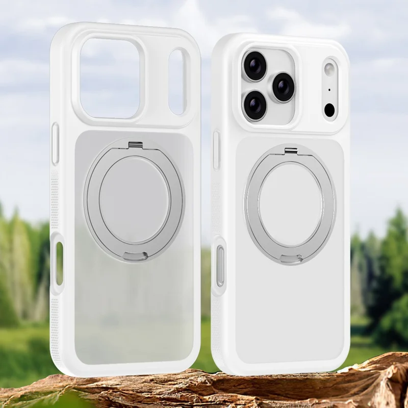 For iPhone 17 Pro Max Case Compatible with MagSafe Rotating Kickstand Skin Touch Anti Stain TPU PC Phone Cover - White