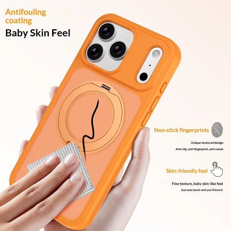 For iPhone 17 Pro Case Compatible with MagSafe Rotating Kickstand Skin Touch Anti Stain TPU PC Phone Cover - Orange
