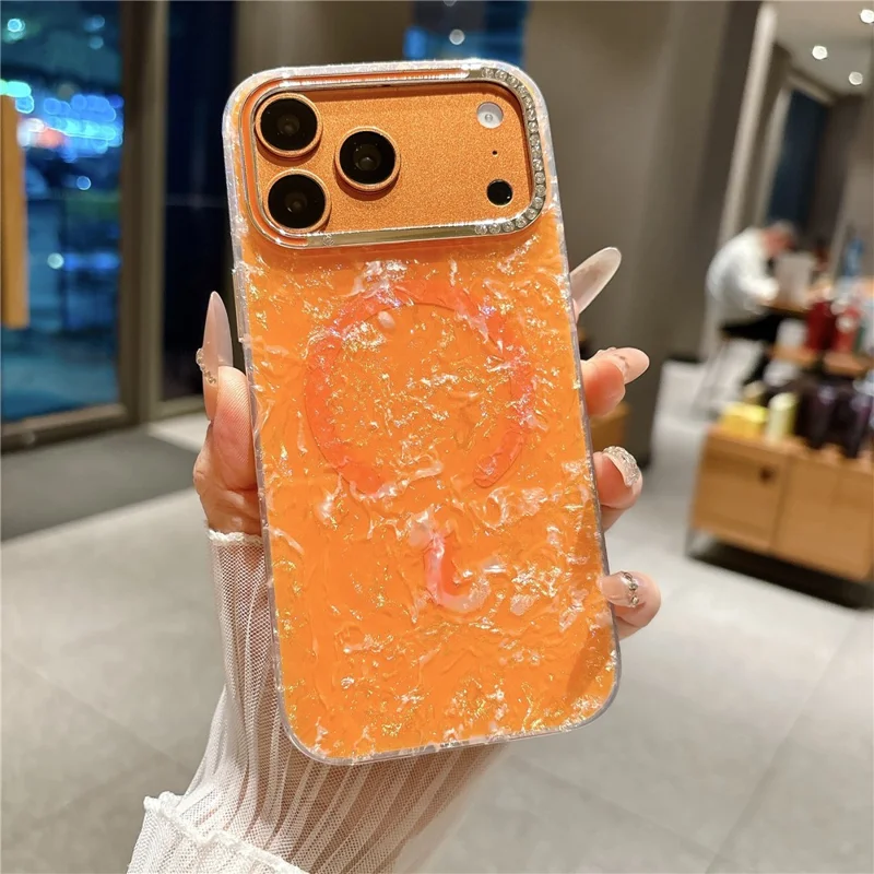 For iPhone 17 Pro Case Compatible with MagSafe Rhinestone Lens Frame Shell Texture TPU + PC Phone Cover - Orange