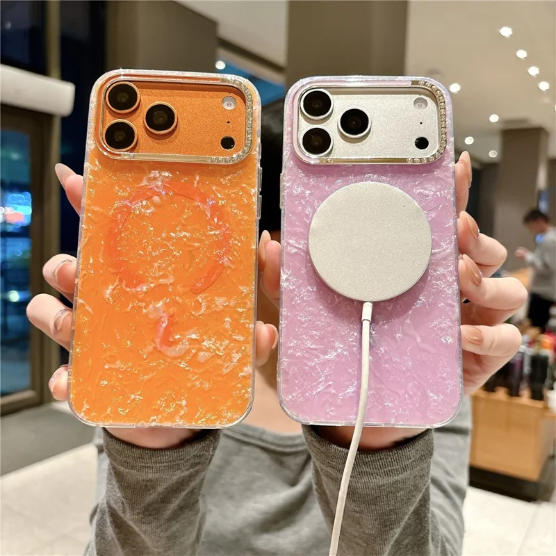 For iPhone 17 Pro Case Compatible with MagSafe Rhinestone Lens Frame Shell Texture TPU + PC Phone Cover - Orange