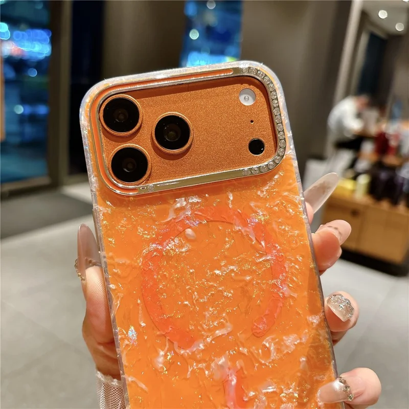 For iPhone 17 Pro Case Compatible with MagSafe Rhinestone Lens Frame Shell Texture TPU + PC Phone Cover - Orange