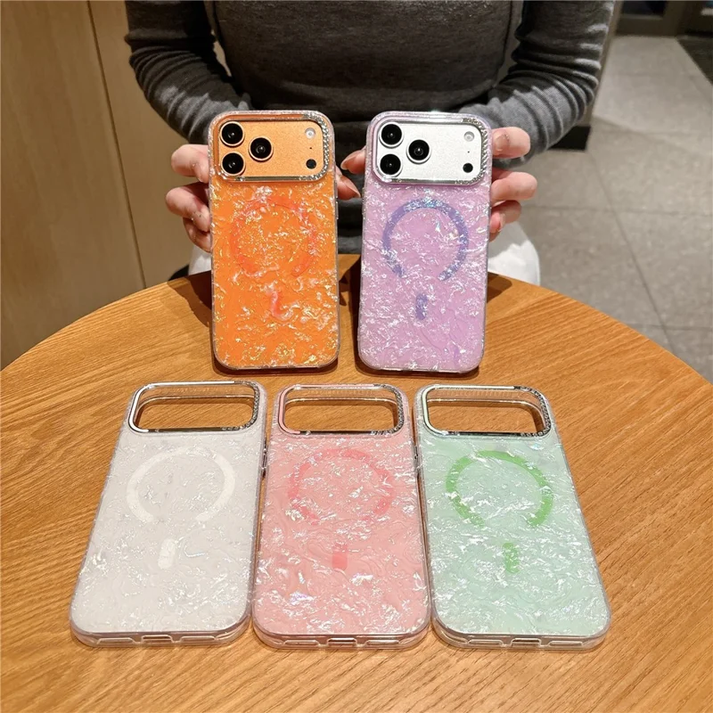 For iPhone 17 Pro Case Compatible with MagSafe Rhinestone Lens Frame Shell Texture TPU + PC Phone Cover - Orange