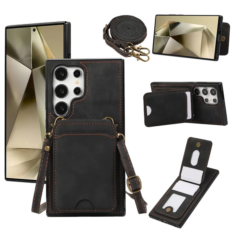 Voor Samsung Galaxy S26 Ultra Hoesje Met Pasjeshouder En Steunplaatje Van Leer + TPU Telefoonhoesje Met Schouderband - Zwart