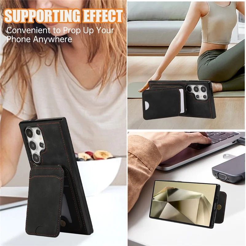 Voor Samsung Galaxy S26 Ultra Hoesje Met Pasjeshouder En Steunplaatje Van Leer + TPU Telefoonhoesje Met Schouderband - Zwart