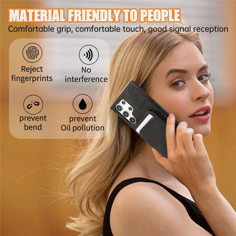 Voor Samsung Galaxy S26 Ultra Hoesje Met Pasjeshouder En Steunplaatje Van Leer + TPU Telefoonhoesje Met Schouderband - Zwart