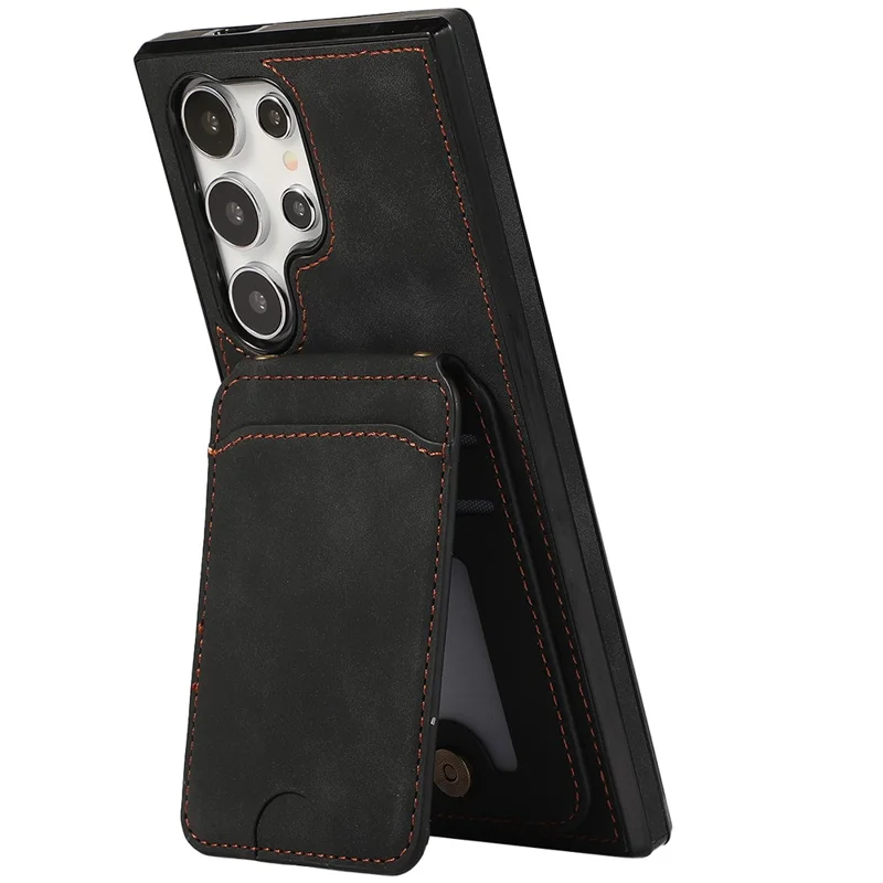 Voor Samsung Galaxy S26 Ultra Hoesje Met Pasjeshouder En Steunplaatje Van Leer + TPU Telefoonhoesje Met Schouderband - Zwart