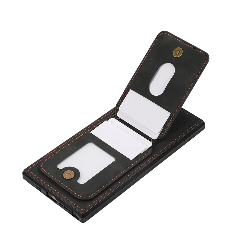 Voor Samsung Galaxy S26 Ultra Hoesje Met Pasjeshouder En Steunplaatje Van Leer + TPU Telefoonhoesje Met Schouderband - Zwart