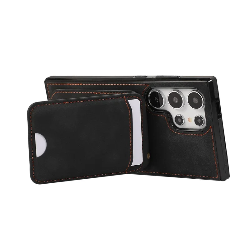 Voor Samsung Galaxy S26 Ultra Hoesje Met Pasjeshouder En Steunplaatje Van Leer + TPU Telefoonhoesje Met Schouderband - Zwart