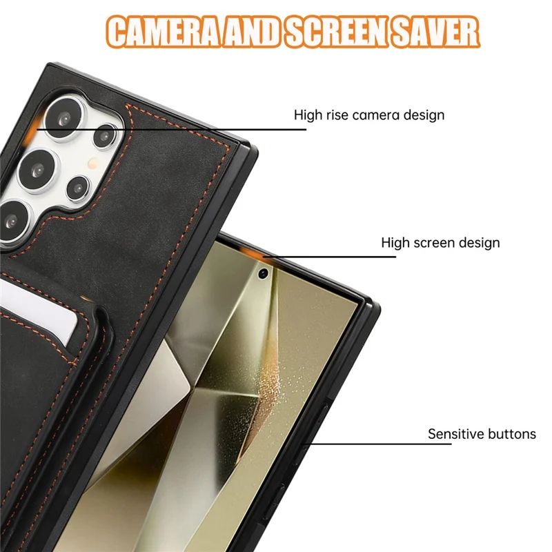 Voor Samsung Galaxy S26 Ultra Hoesje Met Pasjeshouder En Steunplaatje Van Leer + TPU Telefoonhoesje Met Schouderband - Zwart