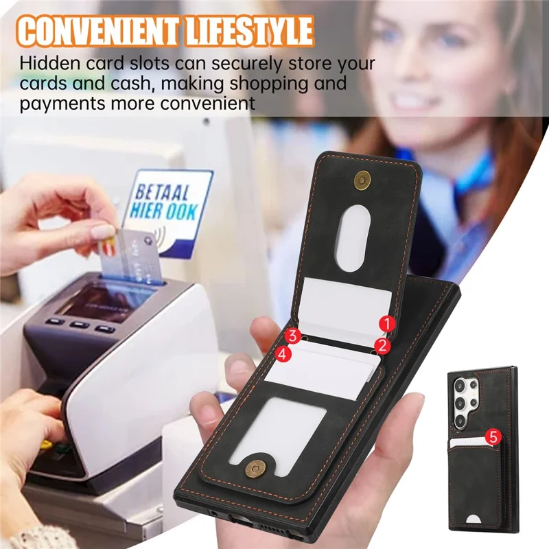 Voor Samsung Galaxy S26 Ultra Hoesje Met Pasjeshouder En Steunplaatje Van Leer + TPU Telefoonhoesje Met Schouderband - Zwart