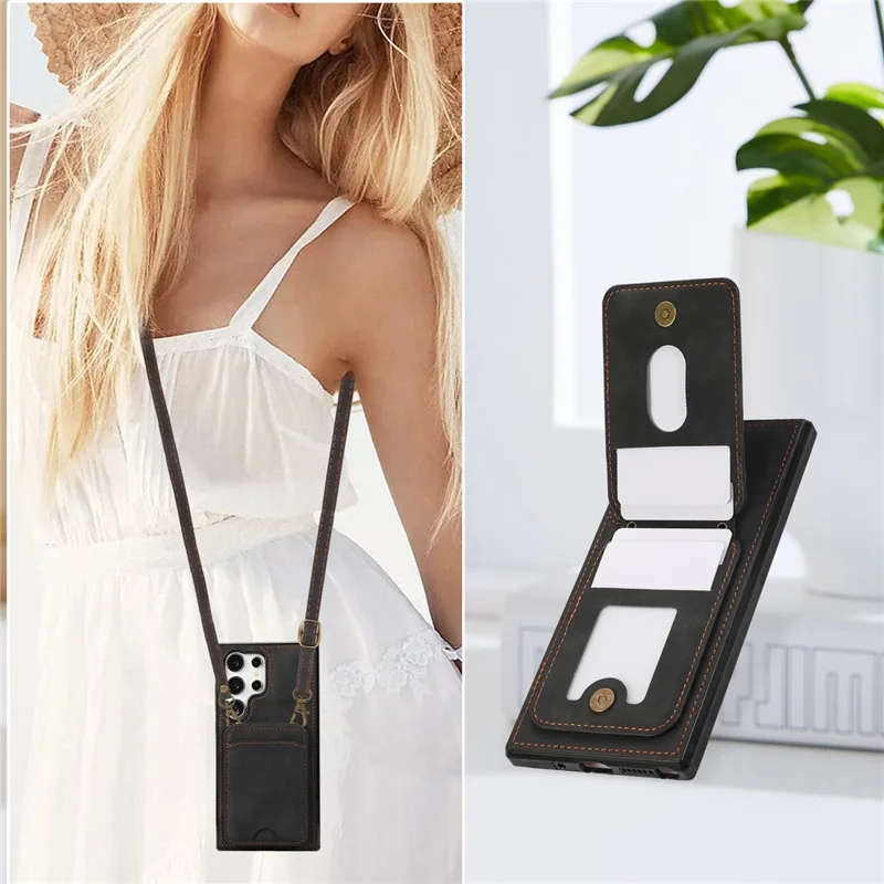 Voor Samsung Galaxy S26 Ultra Hoesje Met Pasjeshouder En Steunplaatje Van Leer + TPU Telefoonhoesje Met Schouderband - Zwart