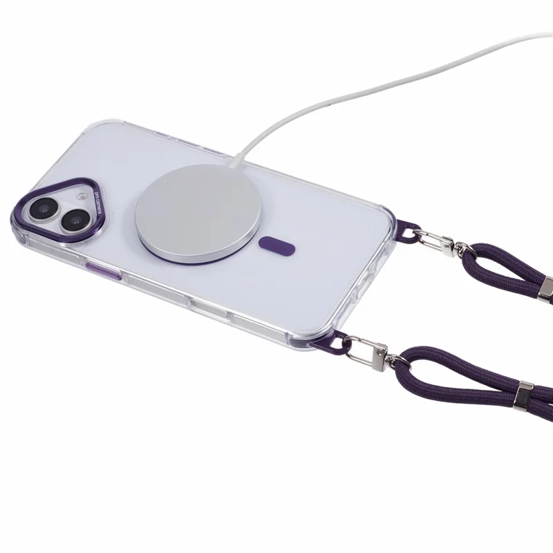 For iPhone 17 Clear Case Compatible with MagSafe Shockproof PC+TPU Phone Cover with Long Lanyard - Purple