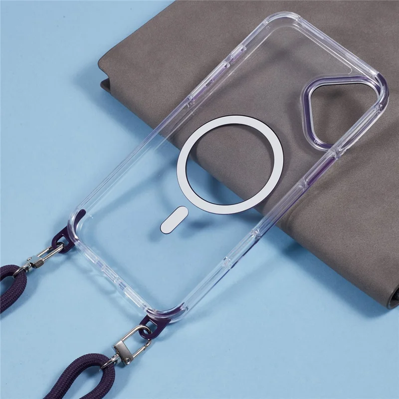 For iPhone 17 Clear Case Compatible with MagSafe Shockproof PC+TPU Phone Cover with Long Lanyard - Purple