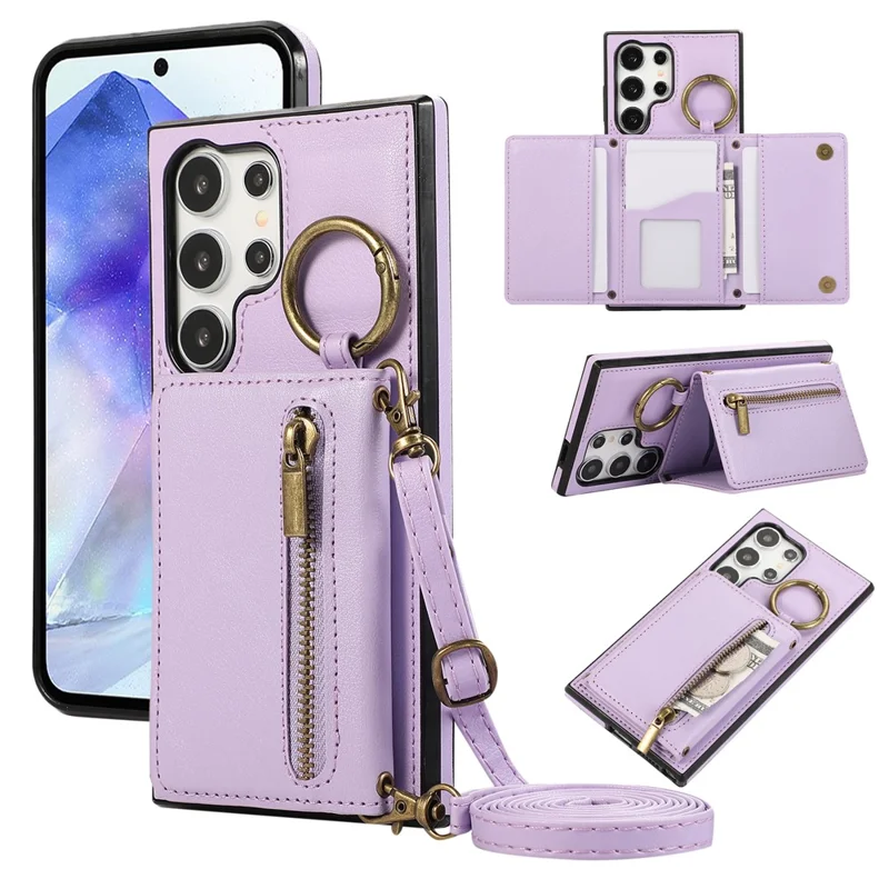 For Samsung Galaxy S26 Ultra Leather Back Cover Zipper Wallet Kickstand Phone Case with Shoulder Strap - Purple