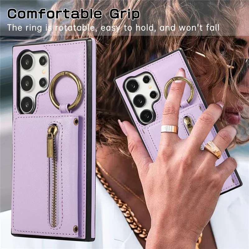 For Samsung Galaxy S26 Ultra Leather Back Cover Zipper Wallet Kickstand Phone Case with Shoulder Strap - Purple