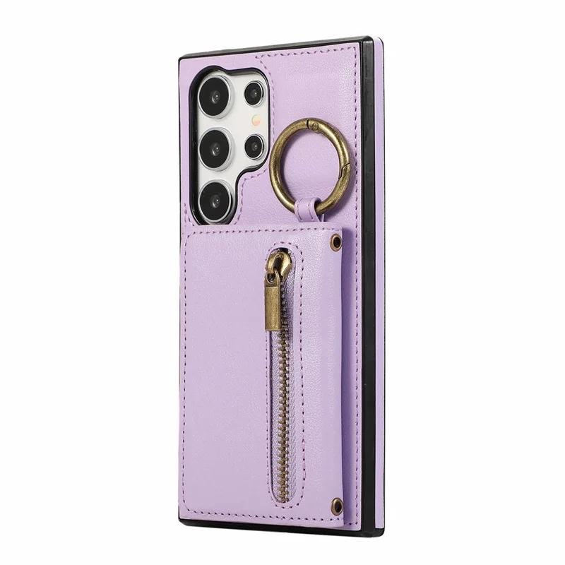 For Samsung Galaxy S26 Ultra Leather Back Cover Zipper Wallet Kickstand Phone Case with Shoulder Strap - Purple
