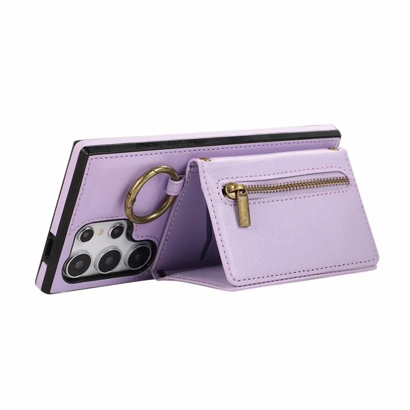 For Samsung Galaxy S26 Ultra Leather Back Cover Zipper Wallet Kickstand Phone Case with Shoulder Strap - Purple