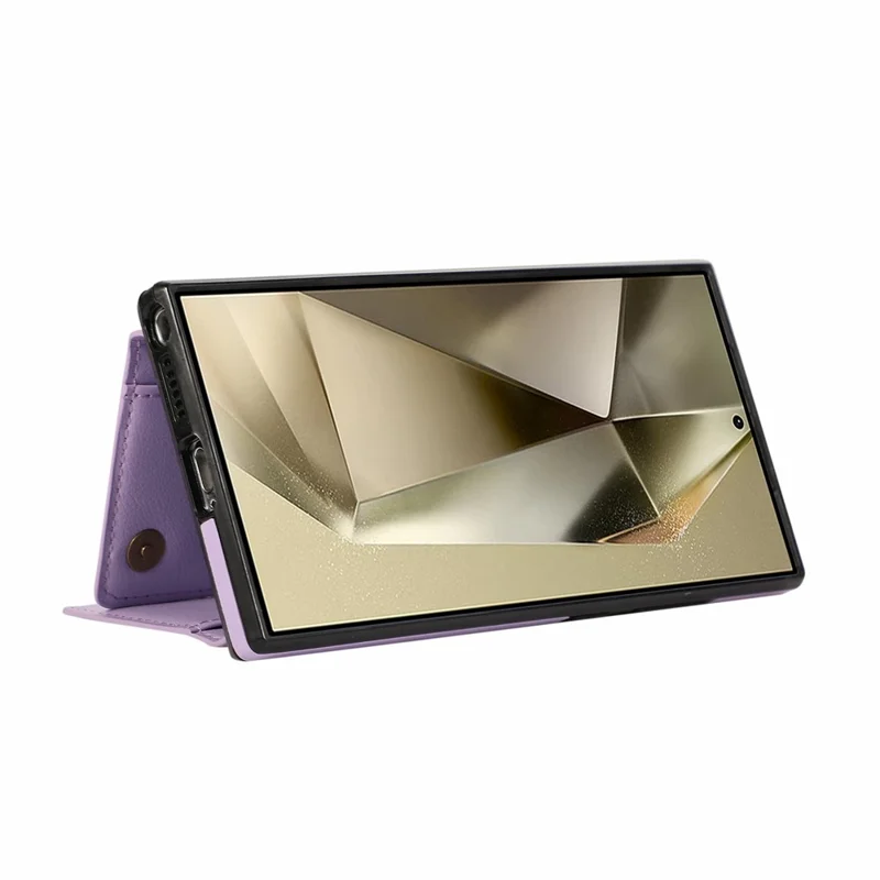 For Samsung Galaxy S26 Ultra Leather Back Cover Zipper Wallet Kickstand Phone Case with Shoulder Strap - Purple
