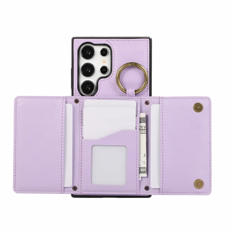 For Samsung Galaxy S26 Ultra Leather Back Cover Zipper Wallet Kickstand Phone Case with Shoulder Strap - Purple
