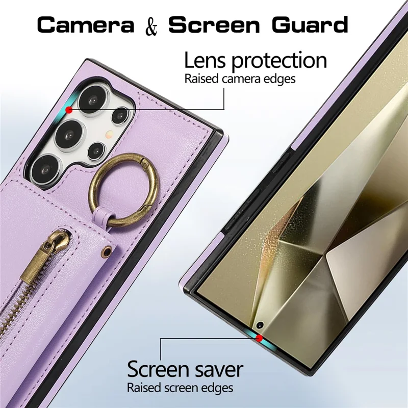 For Samsung Galaxy S26 Ultra Leather Back Cover Zipper Wallet Kickstand Phone Case with Shoulder Strap - Purple