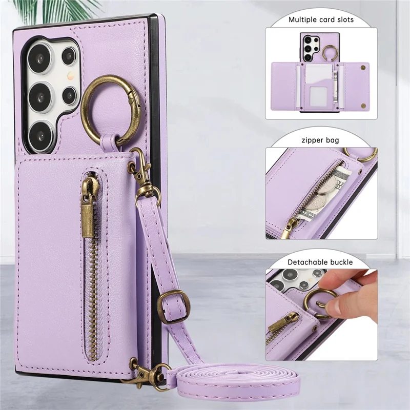For Samsung Galaxy S26 Ultra Leather Back Cover Zipper Wallet Kickstand Phone Case with Shoulder Strap - Purple