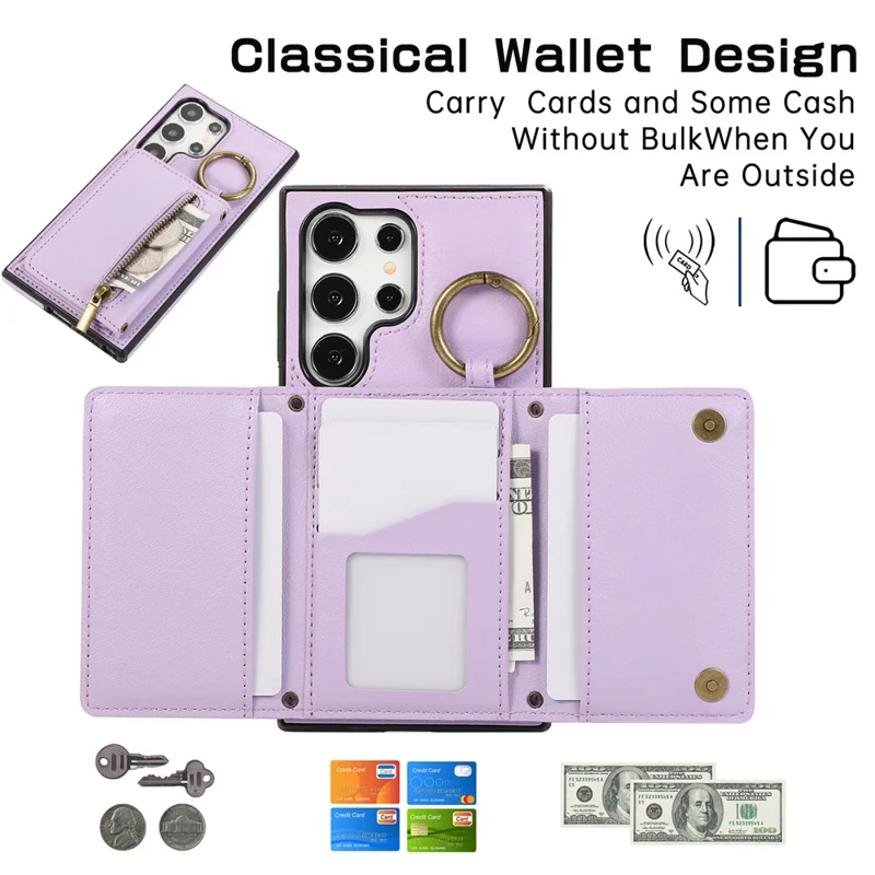 For Samsung Galaxy S26 Ultra Leather Back Cover Zipper Wallet Kickstand Phone Case with Shoulder Strap - Purple