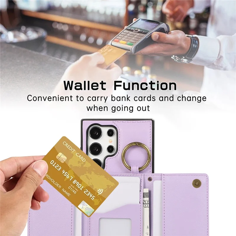 For Samsung Galaxy S26 Ultra Leather Back Cover Zipper Wallet Kickstand Phone Case with Shoulder Strap - Purple
