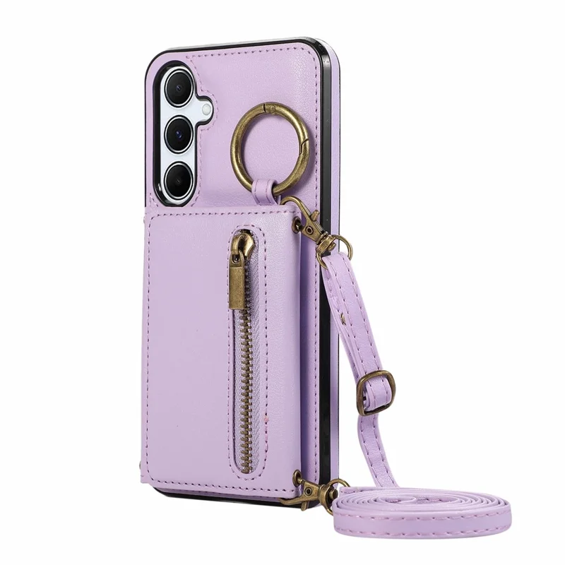 For Samsung Galaxy S26 Leather Back Cover Zipper Wallet Kickstand Phone Case with Shoulder Strap - Purple