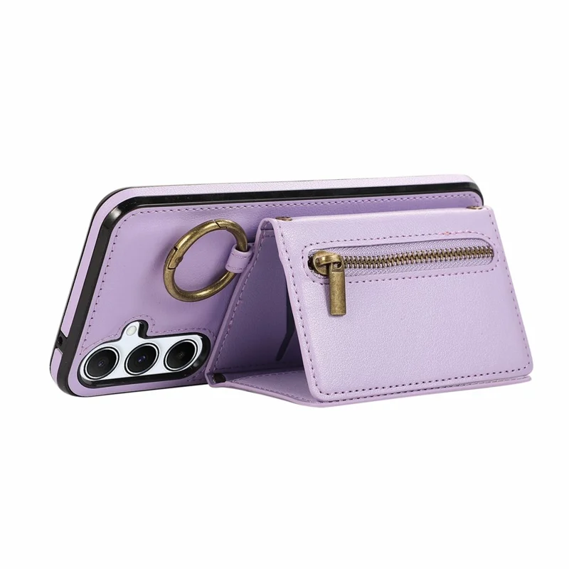 For Samsung Galaxy S26 Leather Back Cover Zipper Wallet Kickstand Phone Case with Shoulder Strap - Purple