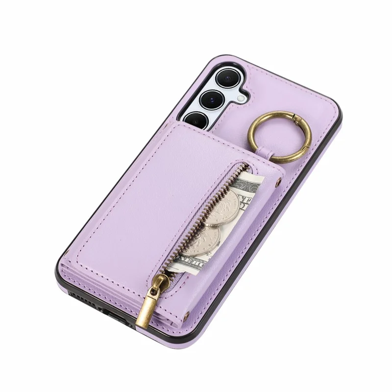 For Samsung Galaxy S26 Leather Back Cover Zipper Wallet Kickstand Phone Case with Shoulder Strap - Purple