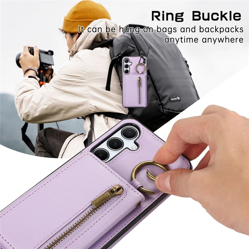 For Samsung Galaxy S26 Leather Back Cover Zipper Wallet Kickstand Phone Case with Shoulder Strap - Purple