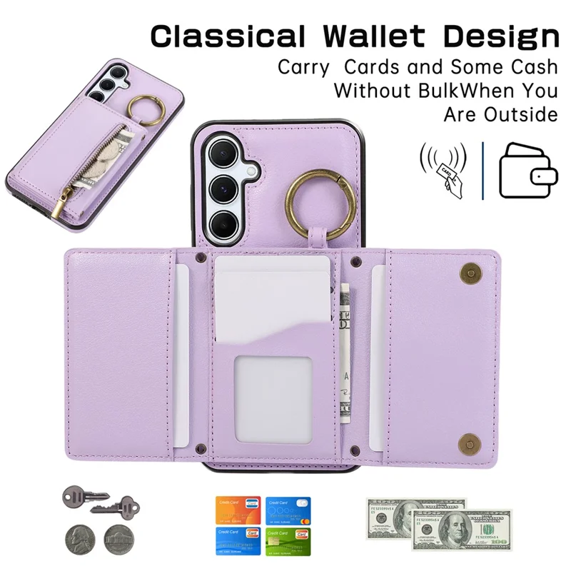 For Samsung Galaxy S26 Leather Back Cover Zipper Wallet Kickstand Phone Case with Shoulder Strap - Purple